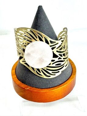 Gold Filigree Leaf Wide Cuff Statement Bracelet with Rose Quartz Cabochon Accent